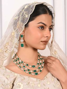 Ratnavali Jewels - Gold Plated Kundan Green Long Necklace with Earrings