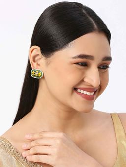 OOMPH - Yellow Rectangle Indo-Western Design Meenakari Enamel Stud Earrings
