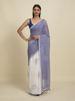Suta - Lavender and White Floral Block Printed Mul Cotton Saree