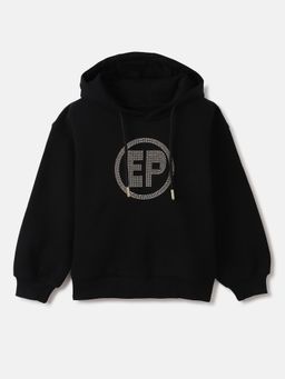 ELLE - Girls Black Embellished Hooded Full Sleeves Pullover Style Hoodie