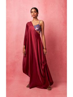 Vedika M - Red Solid Dyed Draped Maxi Dress