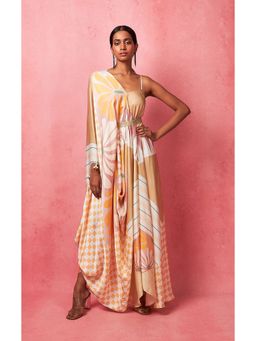 Vedika M - Multi-Color One Shoulder Drape Maxi Dress (Set of 2)
