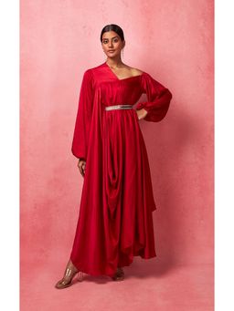 Vedika M - Solid Red Asymmetric Drape Maxi Dress (Set of 2)