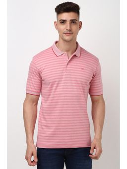 Peter England - Men Pink Regular Fit Stripes Collar Neck Polo T-Shirt