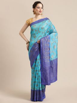 Banarasi Silk Works - Dupion Woven Saree Turquoise with Unstitched Blouse