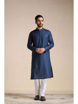 Manyavar - Blue Cotton All Over Self Design Kurta with Pencil Pajama (Set of 2)