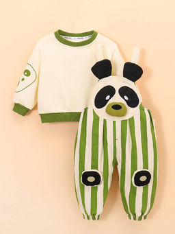Hopscotch - 2-Pc 3D Ear Panda Stripe Dungaree Set