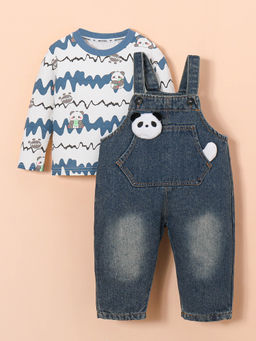 Hopscotch - 2-Pc Wavy Panda Applique Dungaree Set