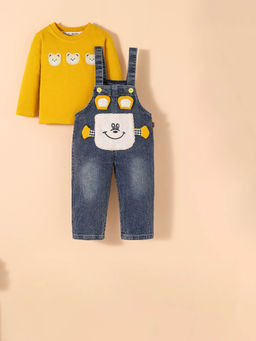 Hopscotch - 2-Pc Teddy Applique Dungaree Set