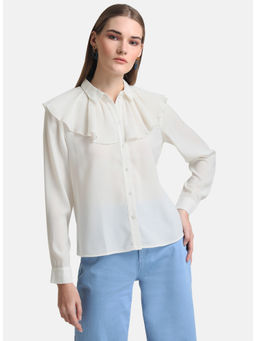 Kazo - Off White Pleated Ruffle Detailed Shirt
