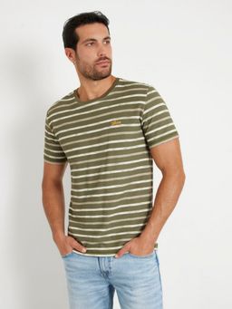 Guess - Olive Pure Cotton Striped T-Shirt