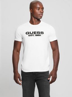 Guess - White Velvet Logo Pure Cotton Applique Round Neck T-Shirt