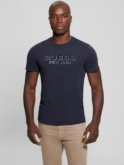 Guess - Blue Velvet Logo Pure Cotton Applique Round Neck T-Shirt
