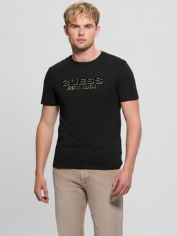 Guess - Black Velvet Logo Pure Cotton Applique Round Neck T-Shirt