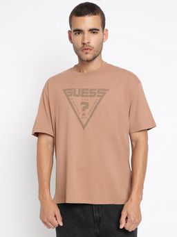 Guess - Brown Azha Pure Cotton Printed T-Shirt