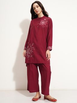 VISHUDH - Women Red Viscose Blend Mandarin Neck Kurta with Pant (Set of 2)