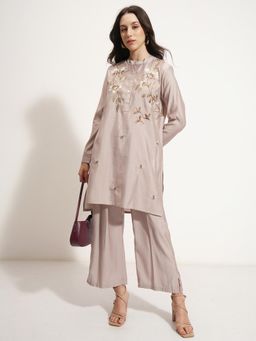 VISHUDH - Women Beige Polyester Blend Mandarin Neck Kurta with Pant (Set of 2)