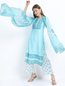 VISHUDH - Women Turquoise Viscose Blend Round Neck Kurta with Pant and Dupatta (Set of 3)