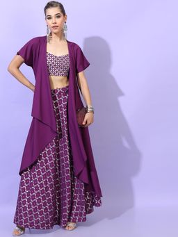 VISHUDH - Women Purple Viscose Blend Strapless/Tube Top with Skirt and Jacket (Set of 3)
