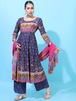 VISHUDH - Women Multi-Color Cotton Round Neck Kurta, Palazzo and Dupatta (Set of 3)