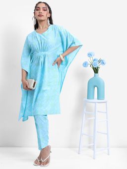 VISHUDH - Women Blue Polyester V-Neck Kaftan with Pant (Set of 2)