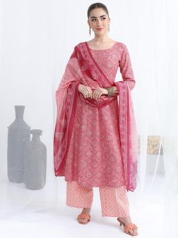 VISHUDH - Women Pink Polyester Round Neck Kurta with Palazzo and Dupatta (Set of 3)