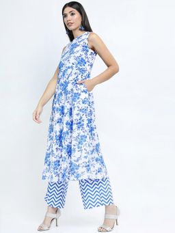 VISHUDH - Women Blue Cotton Round Neck Kurta with Palazzo (Set of 2)