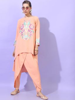 VISHUDH - Women Orange Viscose Blend Round Neck Kurta with Tulip Pant (Set of 2)