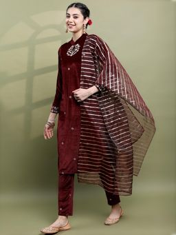 VISHUDH - Women Maroon Polyester Mandarin Neck Kurta with Pant and Dupatta (Set of 3)