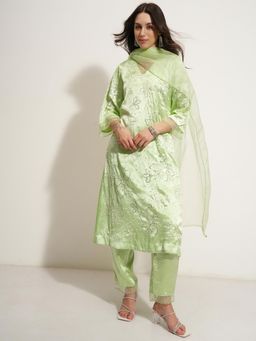 VISHUDH - Women Green Viscose Blend V-Neck Kurta with Pant and Dupatta (Set of 3)