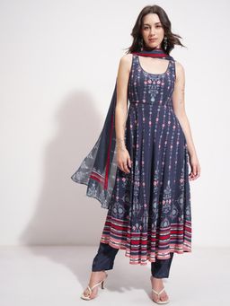 VISHUDH - Women Blue Viscose Blend Scoop Neck Kurta with Pant and Dupatta (Set of 3)