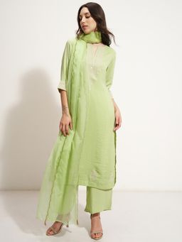 VISHUDH - Women Green Polyester Round Neck Kurta with Pant and Dupatta (Set of 3)