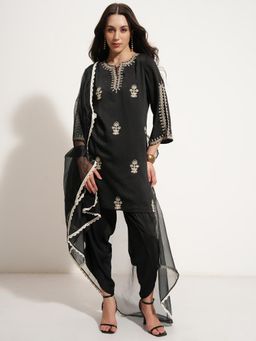 VISHUDH - Women Black Polyester Round Neck Kurta with Dhoti Pant and Dupatta (Set of 3)