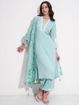 VISHUDH - Women Blue Polyester V-Neck Kurta with Pant and Dupatta (Set of 3)