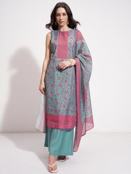 VISHUDH - Women Blue Viscose Blend Round Neck Kurta with Palazzo and Dupatta (Set of 3)