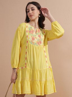 VISHUDH - Women Yellow Viscose Rayon Round Neck Dress