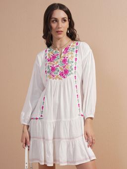 VISHUDH - Women White Viscose Rayon Round Neck Dress