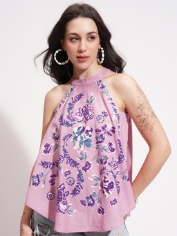 VISHUDH - Women Pink Cotton Halter Neck Top