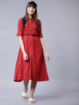 VISHUDH - Women Red Viscose Blend Collar Neck Dress