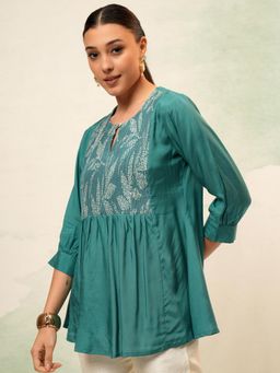 VISHUDH - Women Blue Viscose Blend Round Neck Top