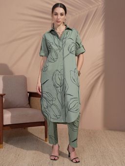 VISHUDH - Women Green Cotton Collar Neck Kurta with Pant (Set of 2)