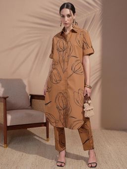 VISHUDH - Women Brown Cotton Collar Neck Kurta with Pant (Set of 2)
