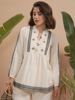 VISHUDH - Women Off White Cotton Blend Mandarin Neck Top