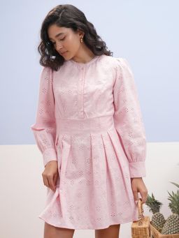 VISHUDH - Women Pink Cotton Round Neck Dress