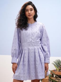 VISHUDH - Women Lavender Cotton Round Neck Dress