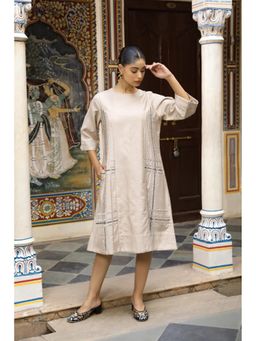 Amoree - Beige Checks A-Line Dress With Cut Dana Handwork