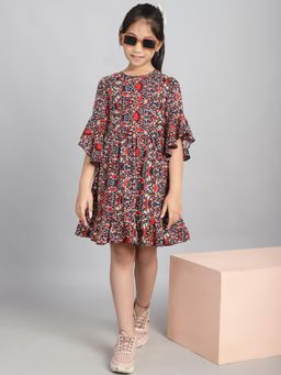 BaawRi - Girls Red Floral Half Sleeves Dress