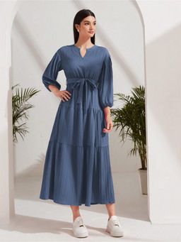Fnocks - Navy Blue Womens Western Wear Tie Waist Maxi Dress with Belt