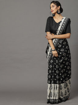 Akhilam - Women Bhagalpuri Silk Black Printed Designer Saree with Unstitched Blouse