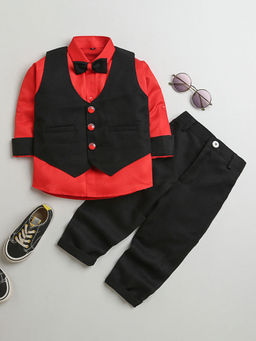 Hopscotch - Boys Black & Red Solid Shirt with Pant, Waistcoat & Bow Tie